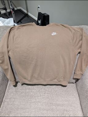 Nike Men’s Crewneck Sweatshirt in Beige/Tan with White Logo